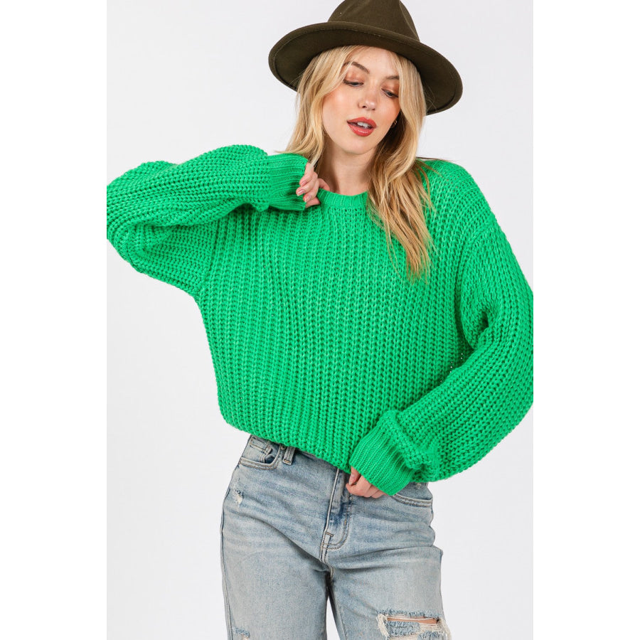 SAGE + FIG Round Neck Drop Shoulder Sweater Green / S Apparel and Accessories