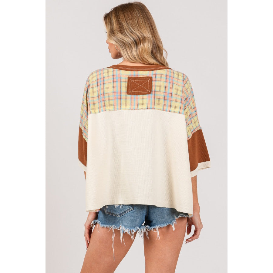 SAGE + FIG Round Neck Plaid Star Patch T-Shirt Mocha / S Apparel and Accessories