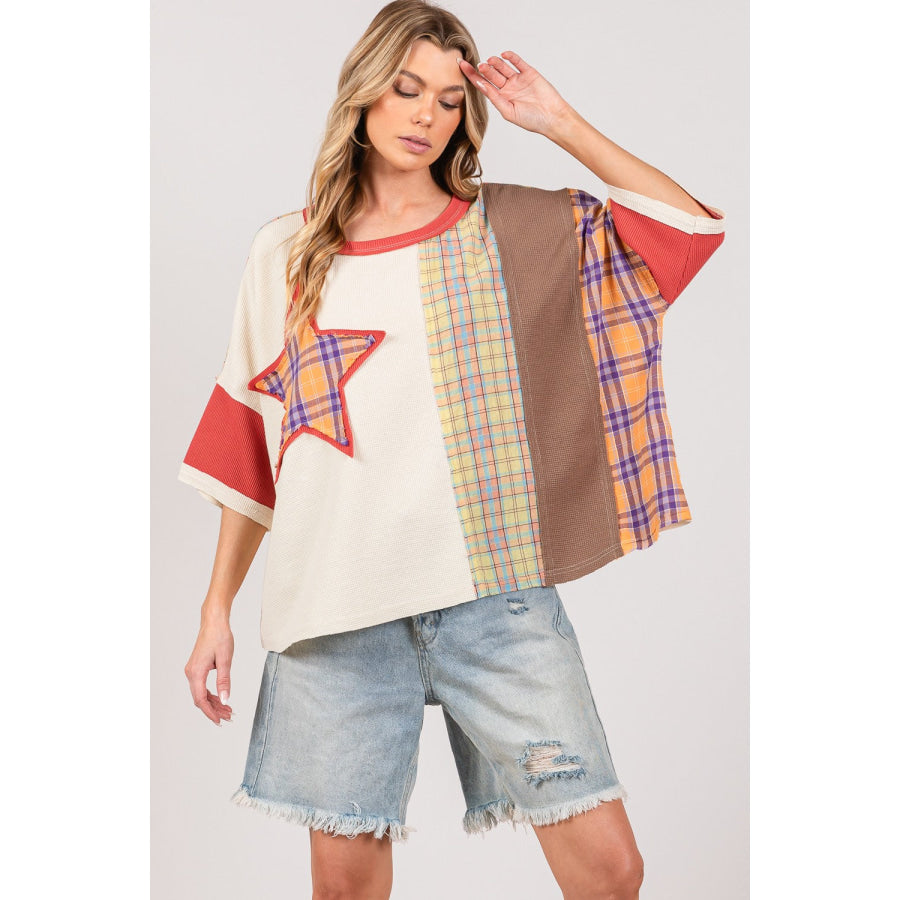 SAGE + FIG Round Neck Plaid Star Patch T-Shirt Apparel and Accessories