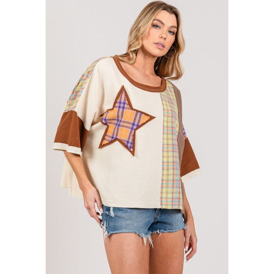 SAGE + FIG Round Neck Plaid Star Patch T-Shirt Apparel and Accessories