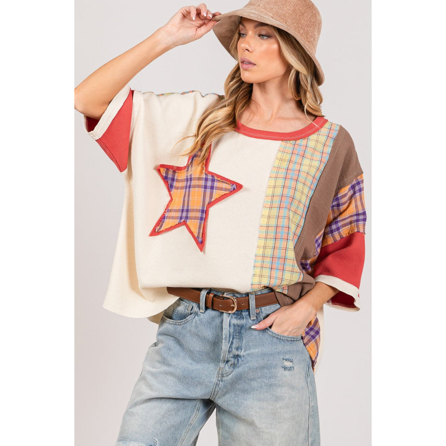 SAGE + FIG Round Neck Plaid Star Patch T-Shirt Berry / S Apparel and Accessories