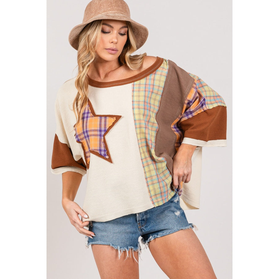 SAGE + FIG Round Neck Plaid Star Patch T-Shirt Mocha / S Apparel and Accessories