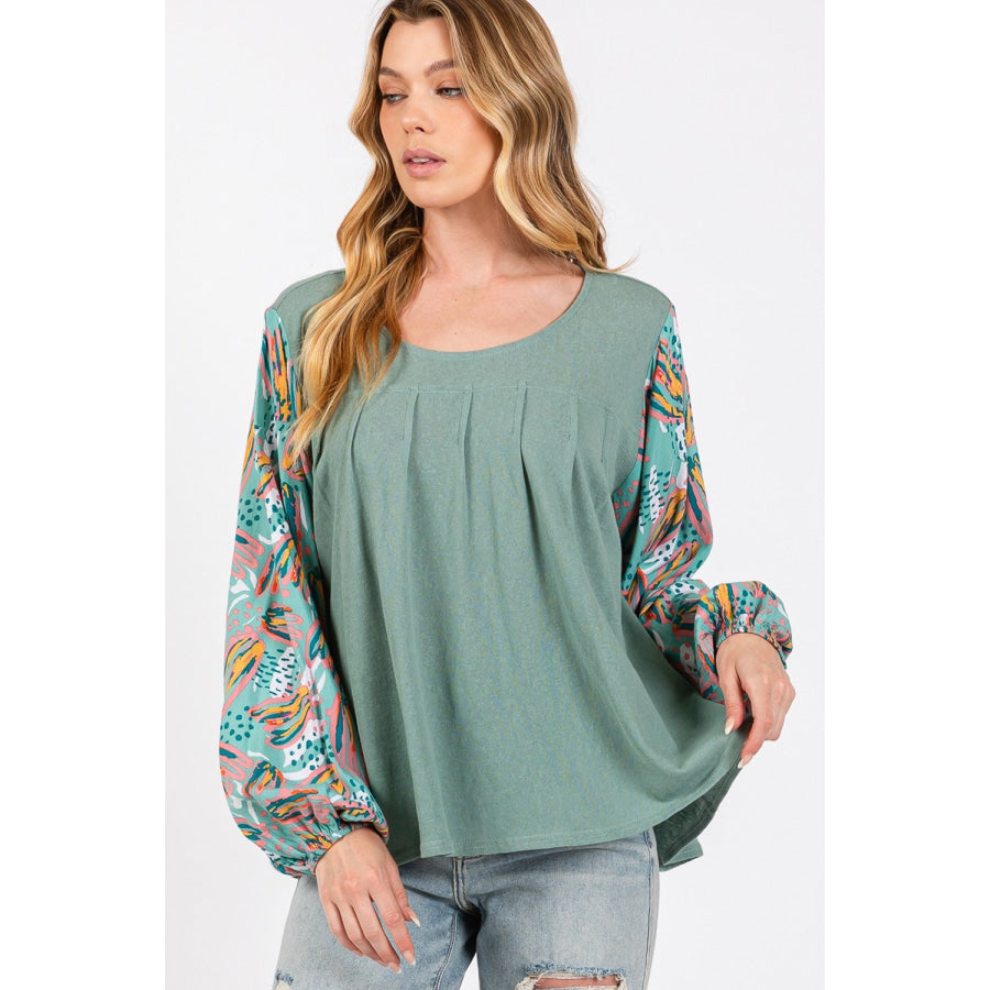 SAGE + FIG Ruched Round Neck Printed Bubble Sleeve Top Apparel and Accessories