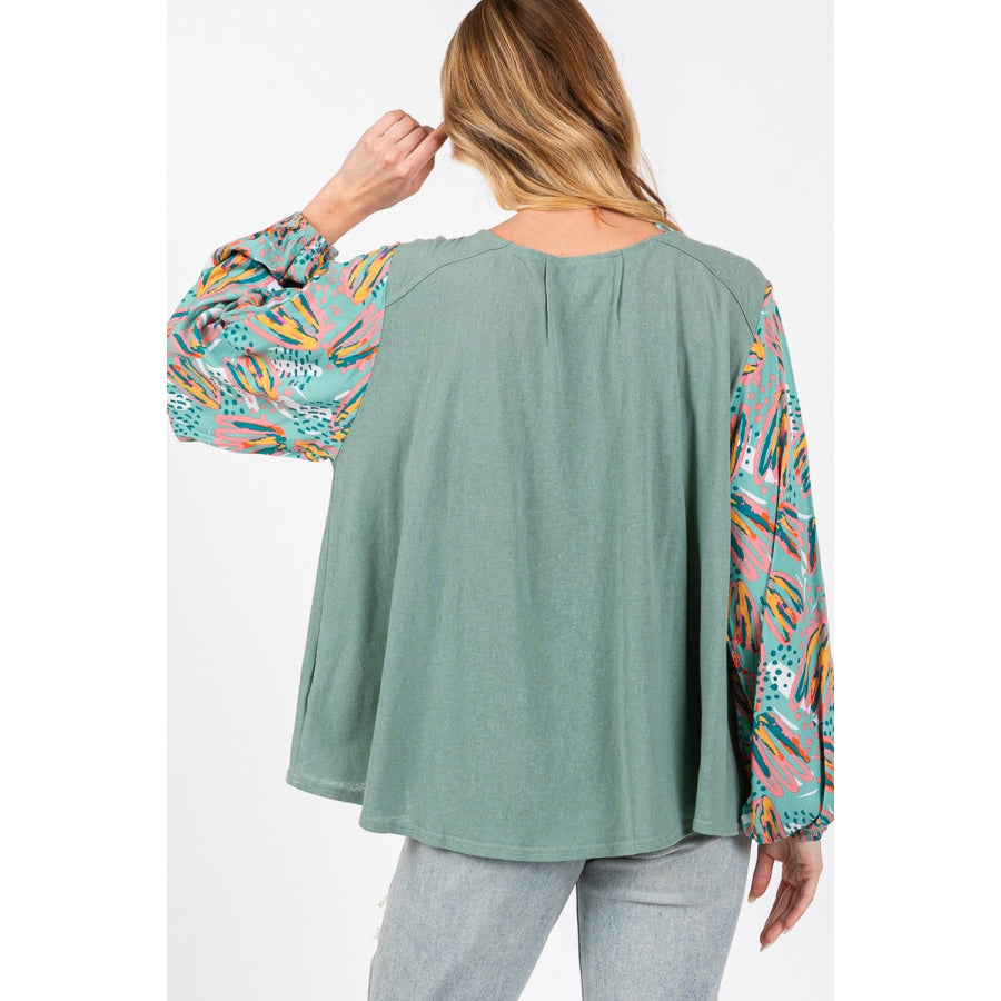 SAGE + FIG Ruched Round Neck Printed Bubble Sleeve Top Apparel and Accessories