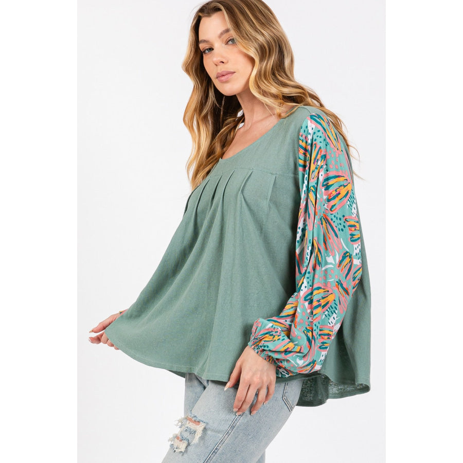 SAGE + FIG Ruched Round Neck Printed Bubble Sleeve Top Apparel and Accessories