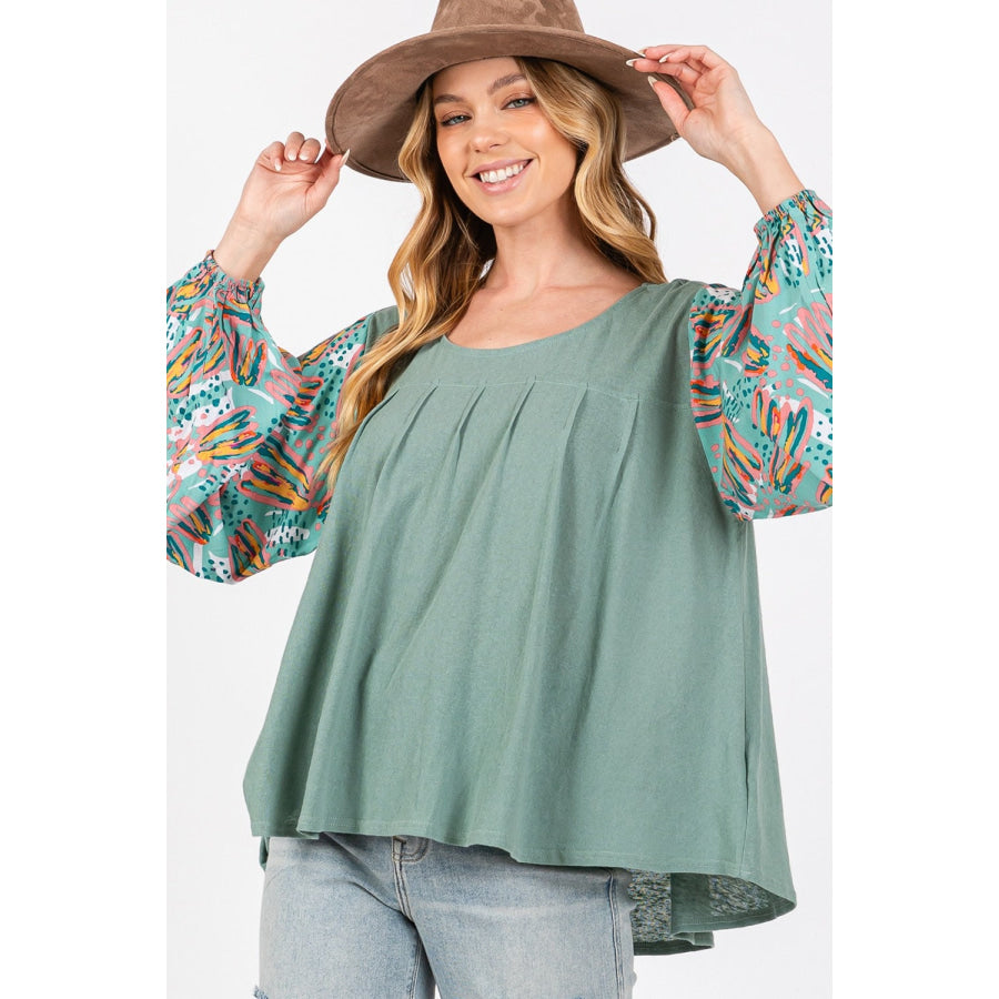 SAGE + FIG Ruched Round Neck Printed Bubble Sleeve Top Apparel and Accessories