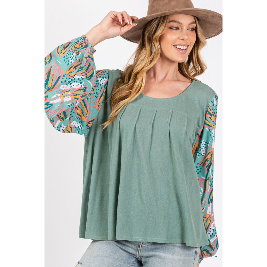 SAGE + FIG Ruched Round Neck Printed Bubble Sleeve Top Sage / S Apparel and Accessories