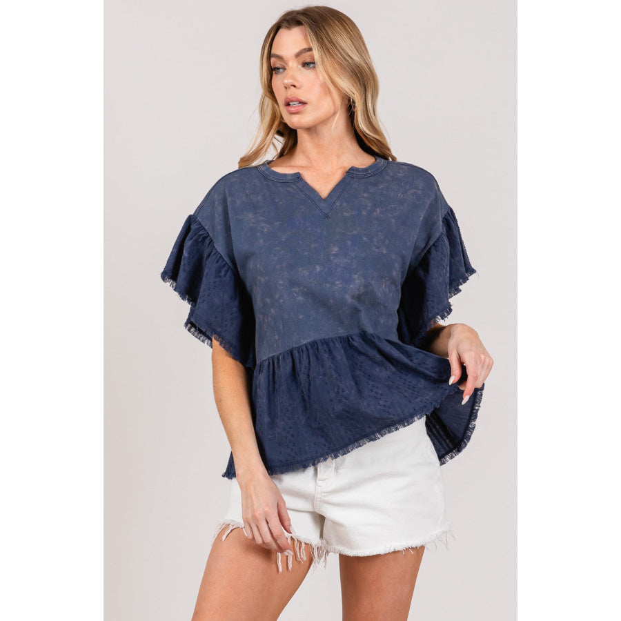 SAGE + FIG Ruffle Sleeve Washed Short Sleeve Blouse Apparel and Accessories