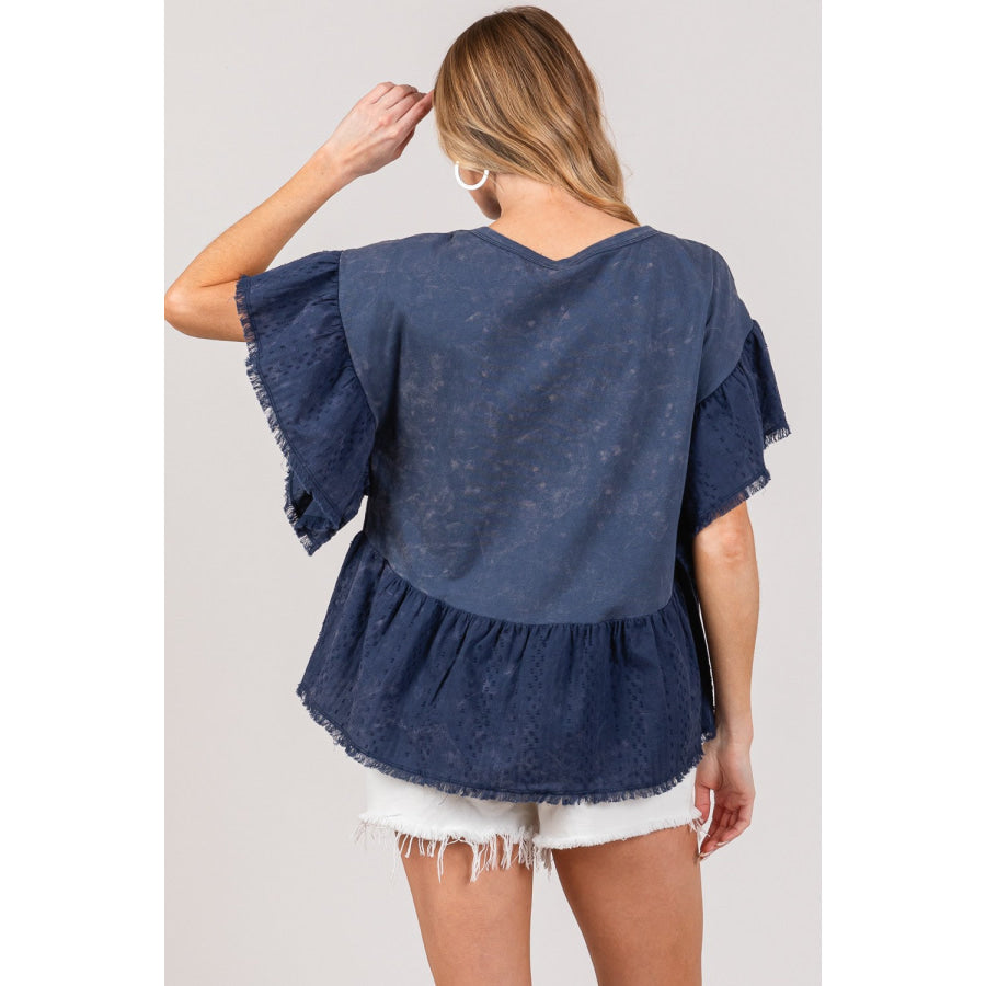 SAGE + FIG Ruffle Sleeve Washed Short Sleeve Blouse Apparel and Accessories