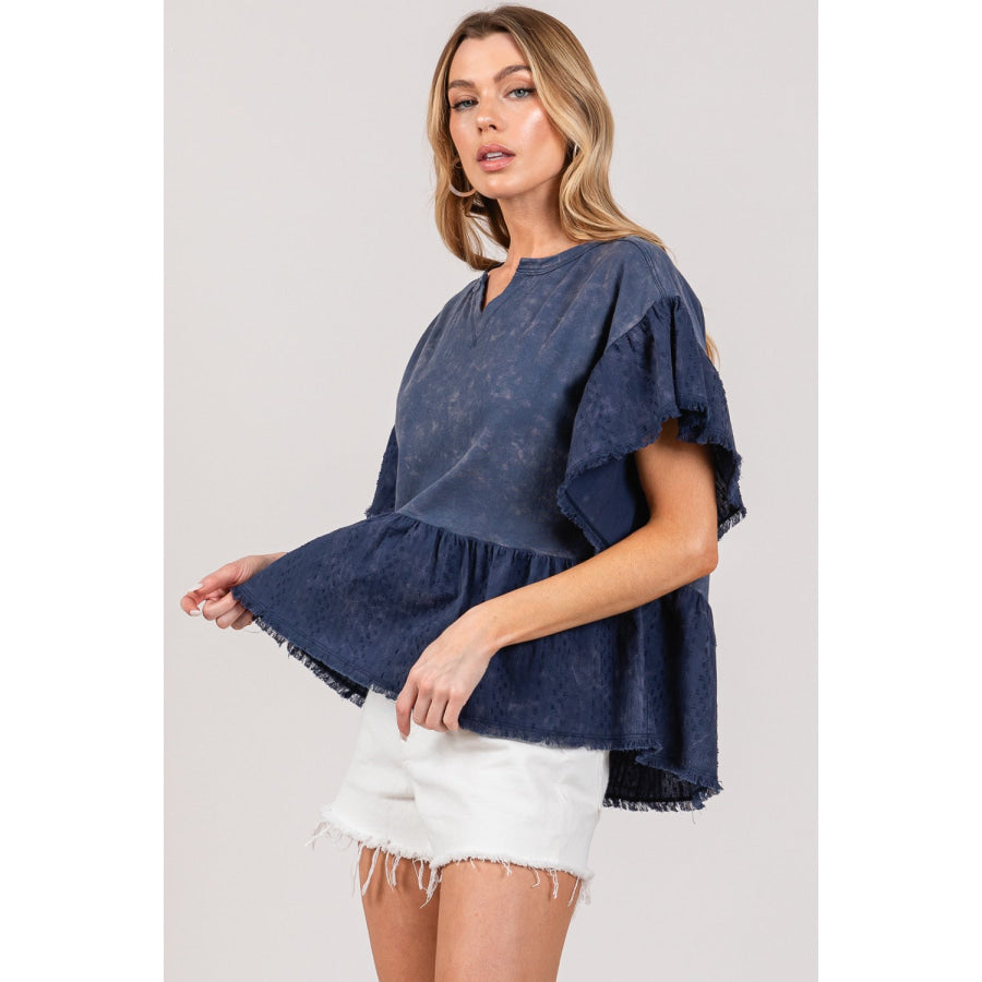 SAGE + FIG Ruffle Sleeve Washed Short Sleeve Blouse Apparel and Accessories