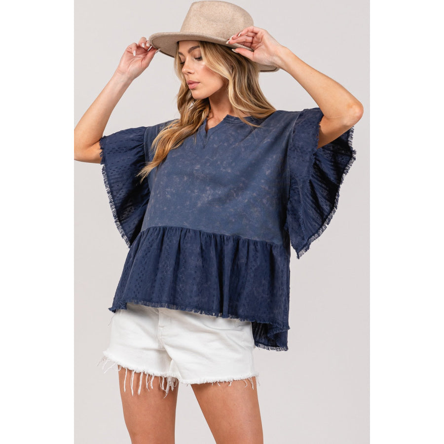 SAGE + FIG Ruffle Sleeve Washed Short Sleeve Blouse Navy / S Apparel and Accessories