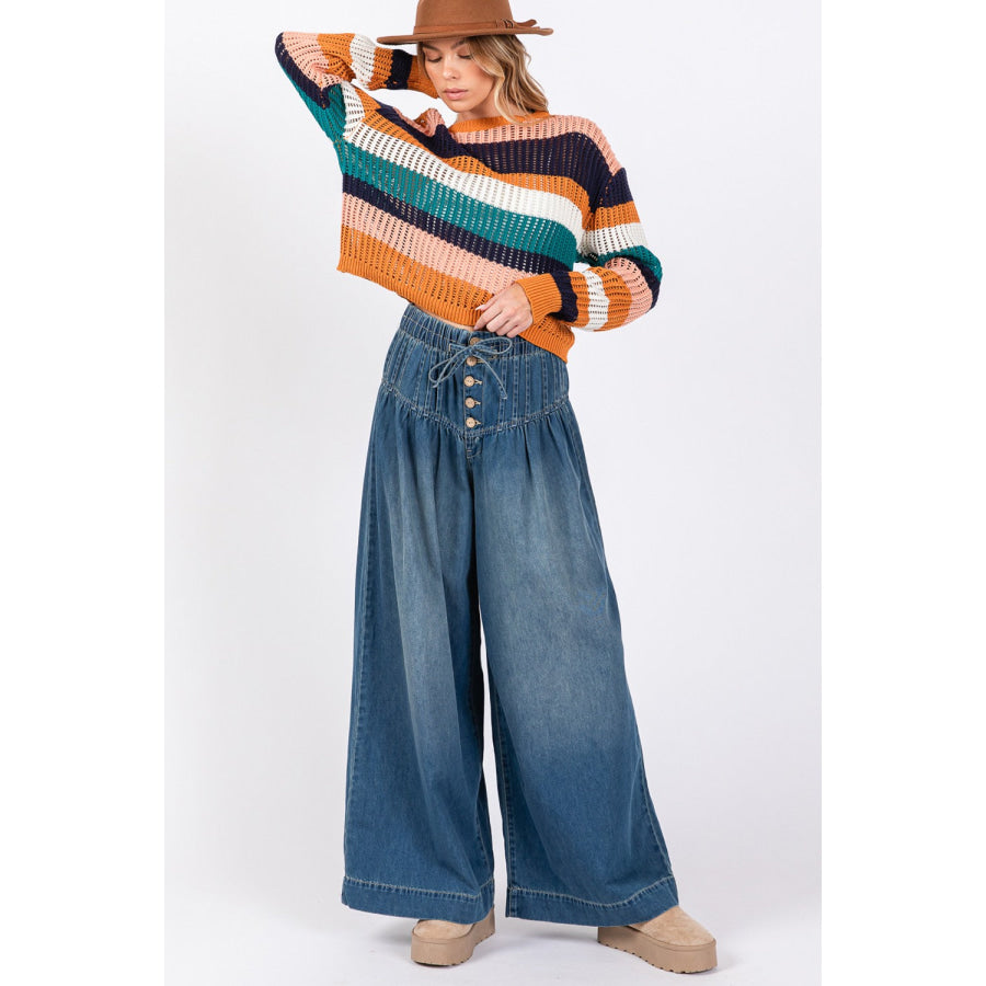 SAGE + FIG Smocked Waist Band Wide Leg Jeans Apparel and Accessories