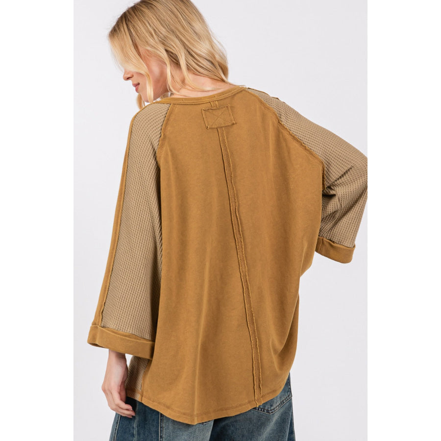 SAGE + FIG Star Applique Patch Exposed Seam Waffle Knit Top Olive / S Apparel and Accessories