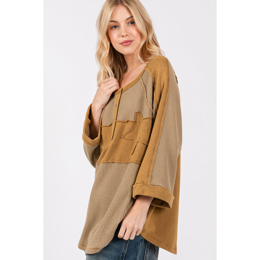 SAGE + FIG Star Applique Patch Exposed Seam Waffle Knit Top Apparel and Accessories