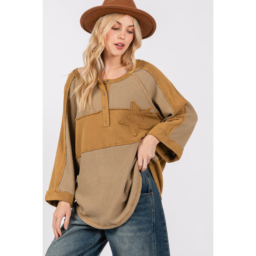 SAGE + FIG Star Applique Patch Exposed Seam Waffle Knit Top Apparel and Accessories