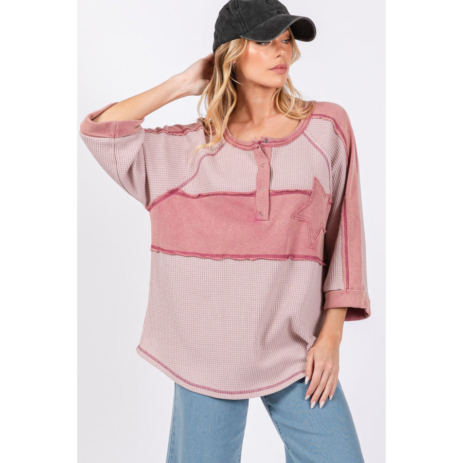 SAGE + FIG Star Applique Patch Exposed Seam Waffle Knit Top Apparel and Accessories