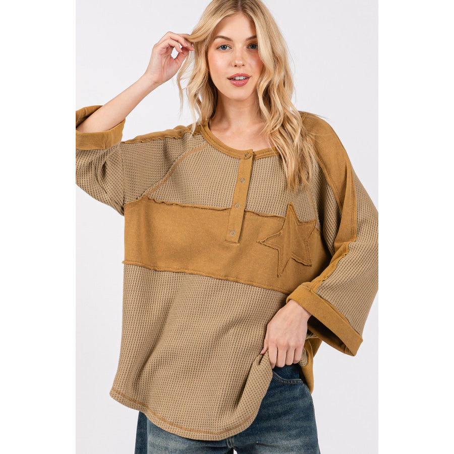 SAGE + FIG Star Applique Patch Exposed Seam Waffle Knit Top Apparel and Accessories