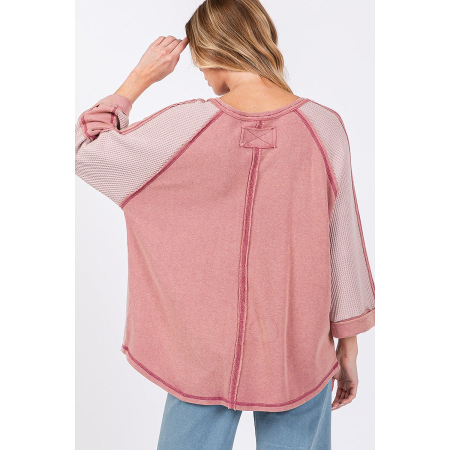 SAGE + FIG Star Applique Patch Exposed Seam Waffle Knit Top Mauve / S Apparel and Accessories