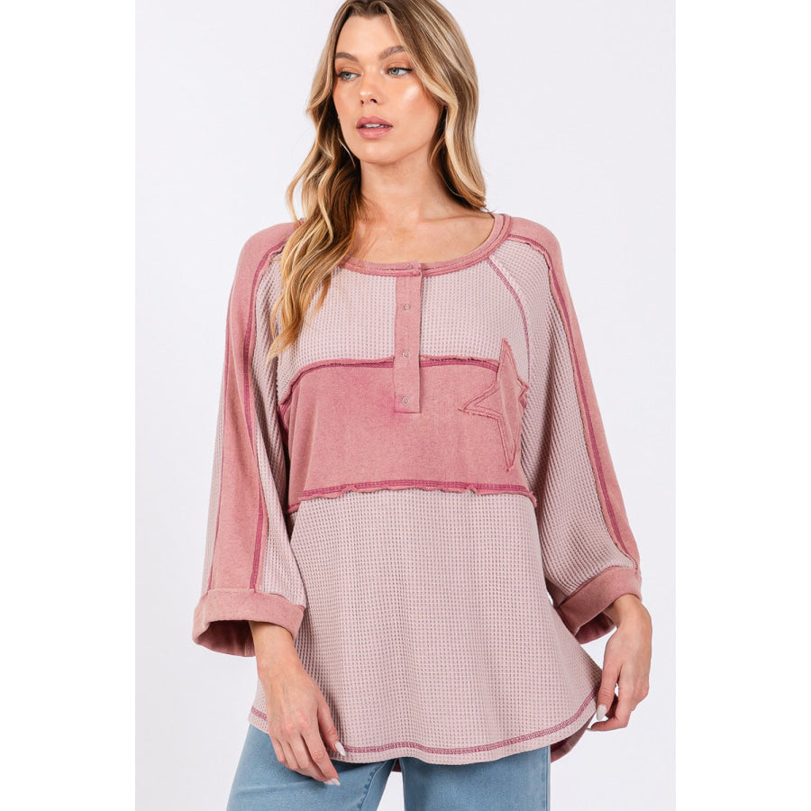 SAGE + FIG Star Applique Patch Exposed Seam Waffle Knit Top Apparel and Accessories