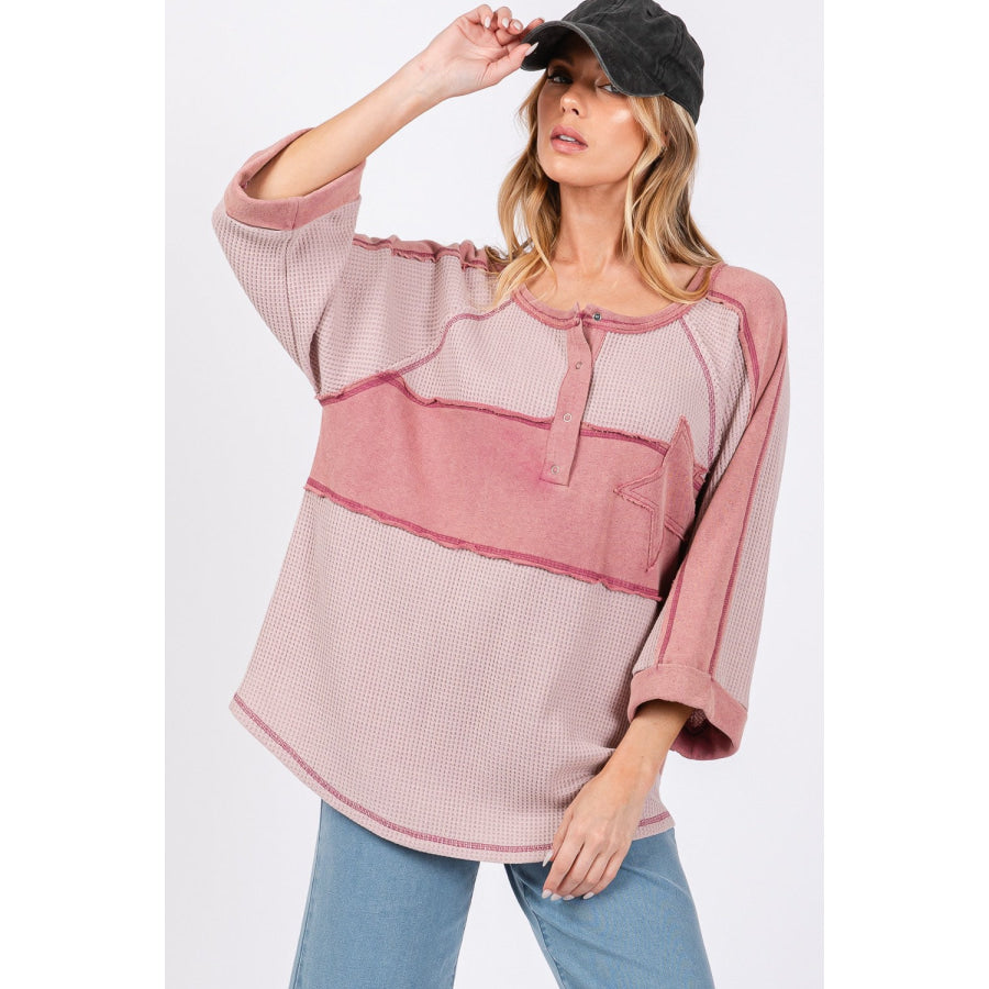 SAGE + FIG Star Applique Patch Exposed Seam Waffle Knit Top Mauve / S Apparel and Accessories