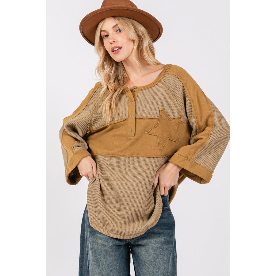 SAGE + FIG Star Applique Patch Exposed Seam Waffle Knit Top Olive / S Apparel and Accessories