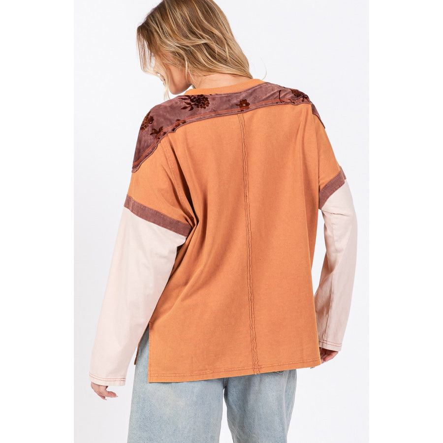 SAGE + FIG Star Patch Long Sleeve Color Block T-Shirt Rust / S Apparel and Accessories