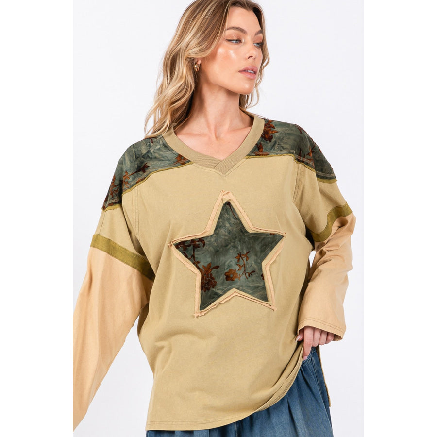SAGE + FIG Star Patch Long Sleeve Color Block T-Shirt Apparel and Accessories