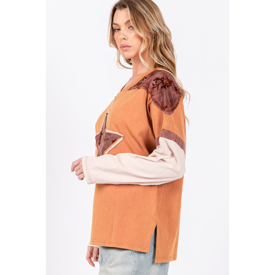 SAGE + FIG Star Patch Long Sleeve Color Block T-Shirt Apparel and Accessories
