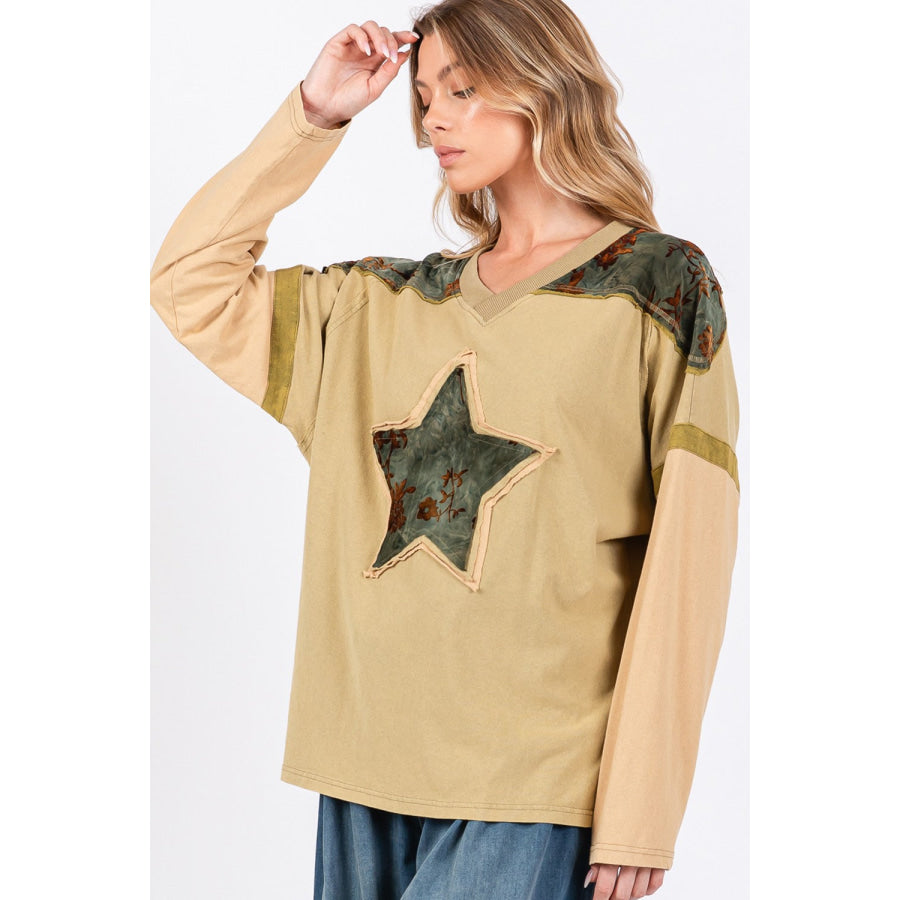 SAGE + FIG Star Patch Long Sleeve Color Block T-Shirt Apparel and Accessories