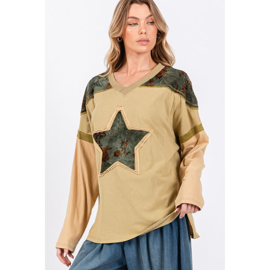SAGE + FIG Star Patch Long Sleeve Color Block T-Shirt Apparel and Accessories