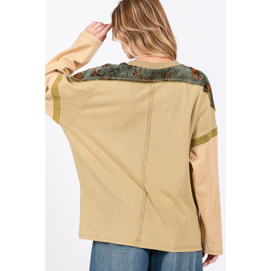 SAGE + FIG Star Patch Long Sleeve Color Block T-Shirt Olive / S Apparel and Accessories