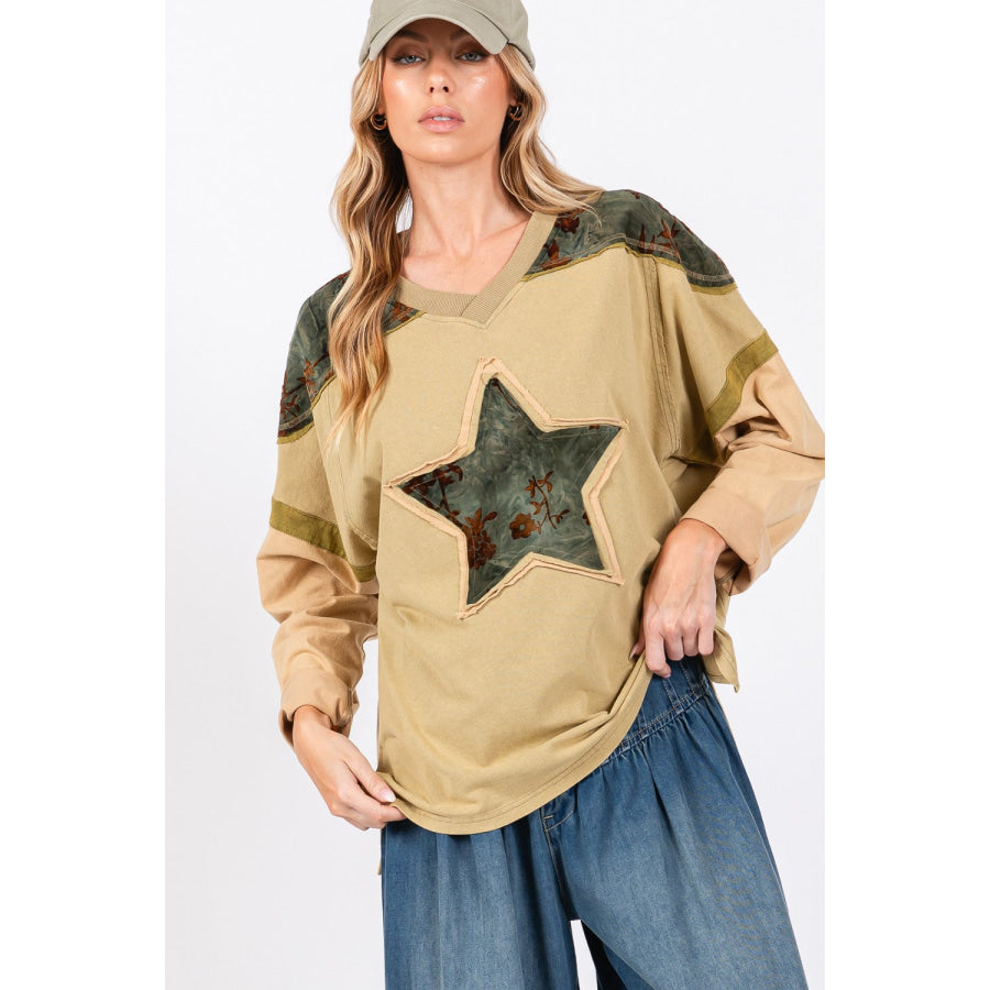 SAGE + FIG Star Patch Long Sleeve Color Block T-Shirt Olive / S Apparel and Accessories