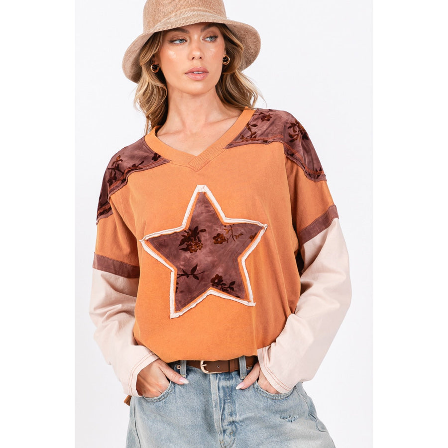 SAGE + FIG Star Patch Long Sleeve Color Block T-Shirt Rust / S Apparel and Accessories