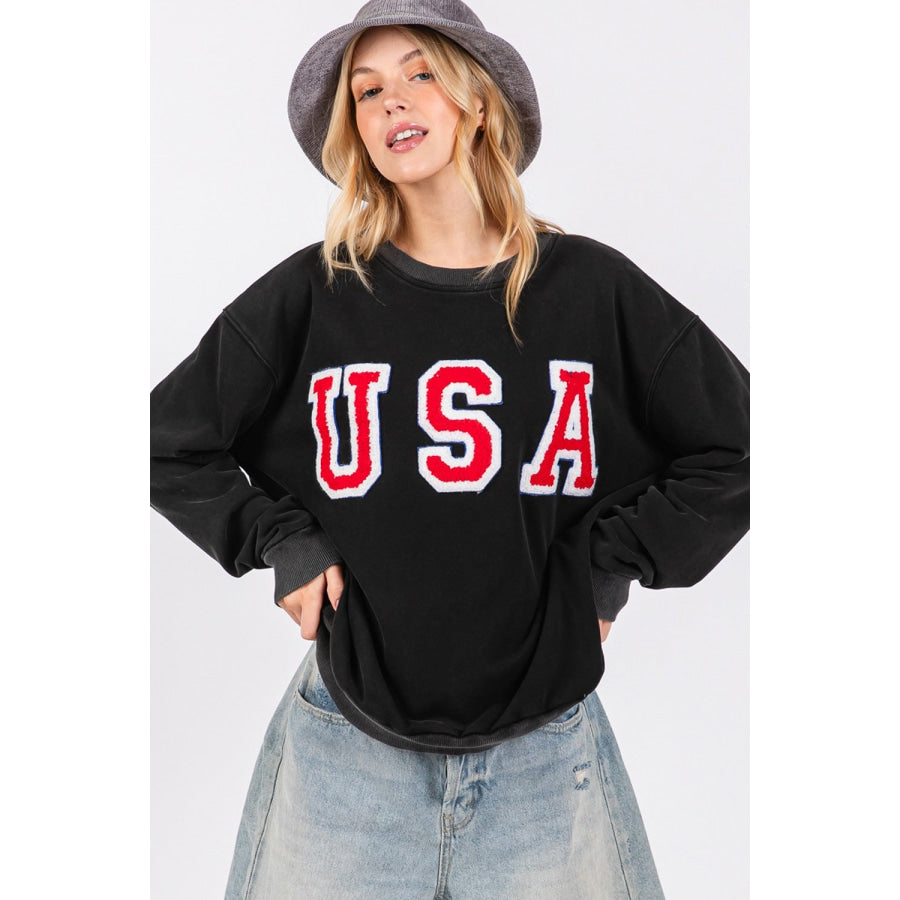 Sage + Fig USA Letter Patch Round Neck Sweatshirt Apparel and Accessories