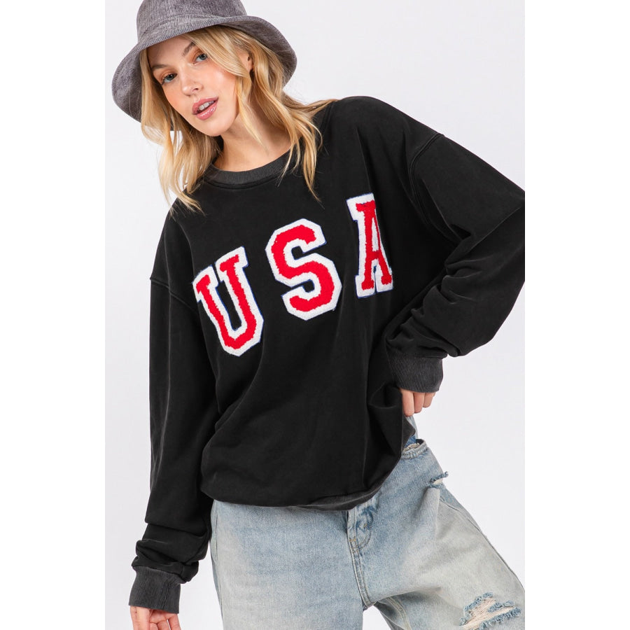 Sage + Fig USA Letter Patch Round Neck Sweatshirt Apparel and Accessories