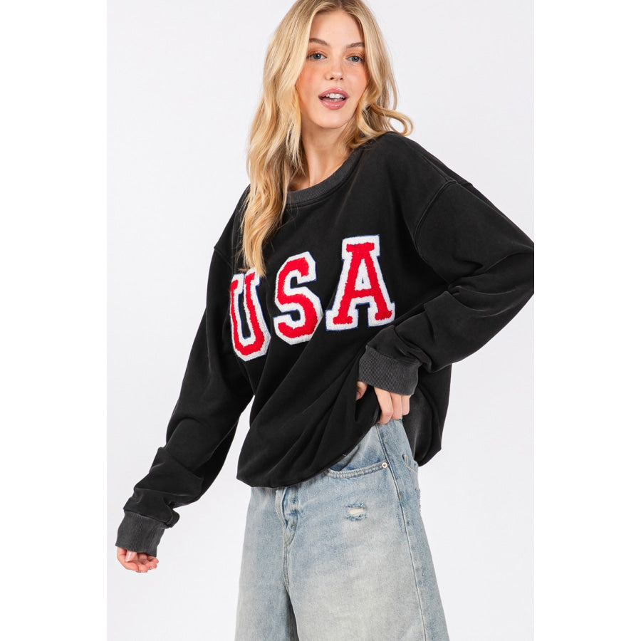 Sage + Fig USA Letter Patch Round Neck Sweatshirt Apparel and Accessories