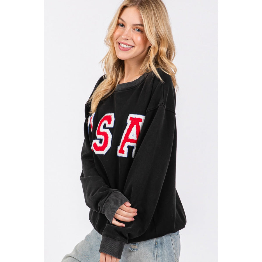 Sage + Fig USA Letter Patch Round Neck Sweatshirt Apparel and Accessories