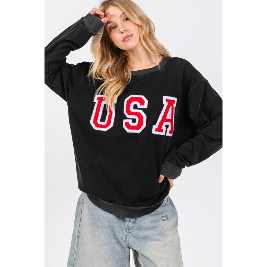 Sage + Fig USA Letter Patch Round Neck Sweatshirt Black / S Apparel and Accessories