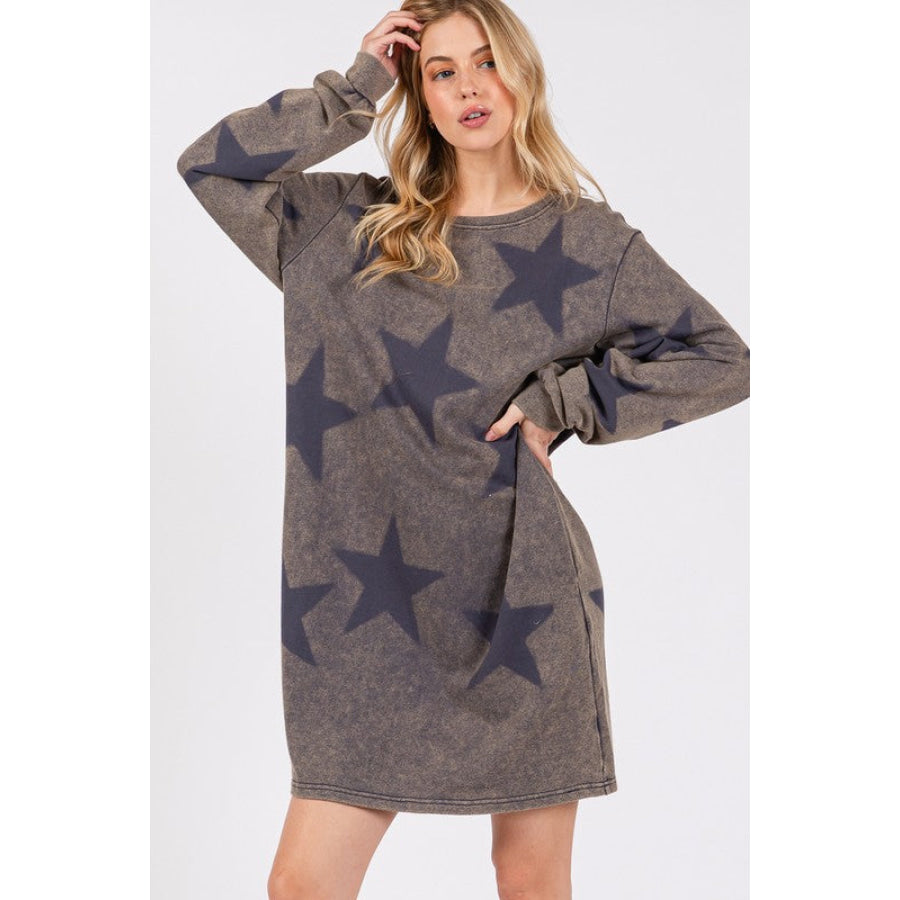 SAGE + FIG Washed Star Print Round Neck Dress Dark Gray / S Apparel and Accessories