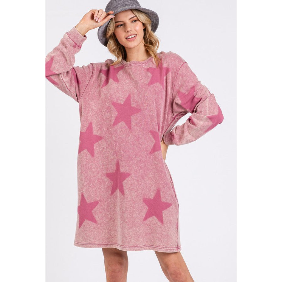 SAGE + FIG Washed Star Print Round Neck Dress Mulberry / S Apparel and Accessories