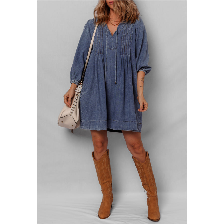 Sail Blue 3/4 Sleeve Tied V Neck Pleated Denim Mini Dress Dresses/Mini Dresses
