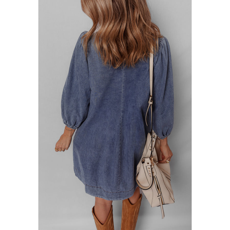 Sail Blue 3/4 Sleeve Tied V Neck Pleated Denim Mini Dress Dresses/Mini Dresses