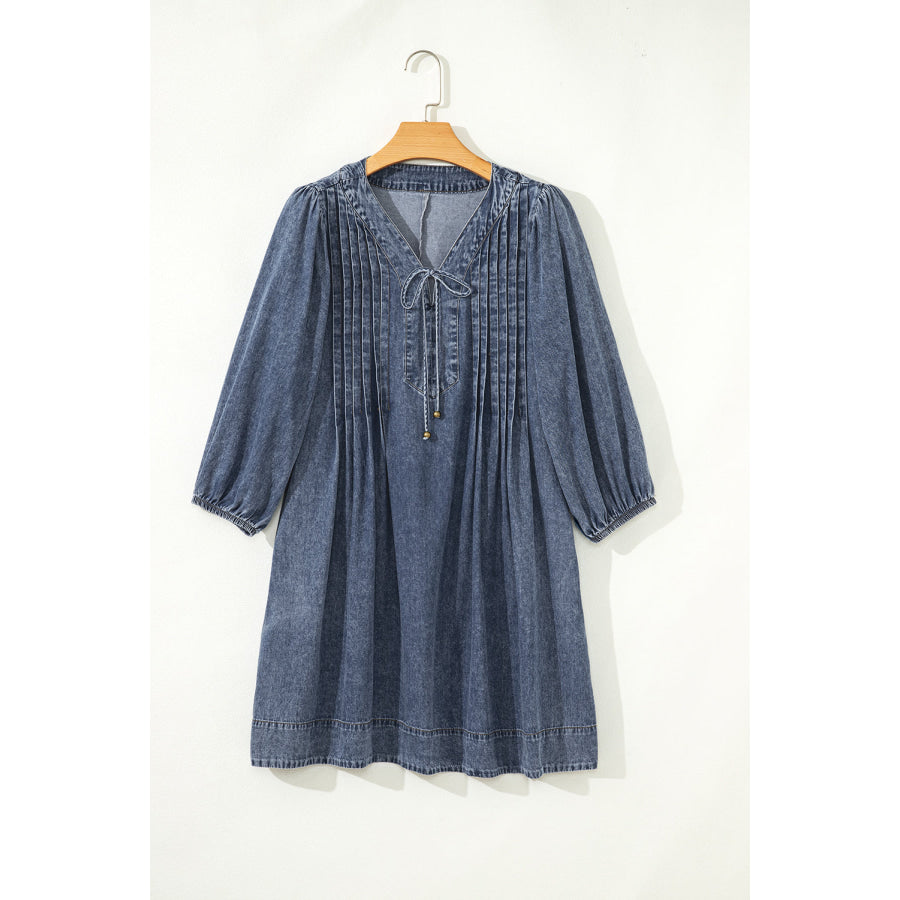Sail Blue 3/4 Sleeve Tied V Neck Pleated Denim Mini Dress Dresses/Mini Dresses