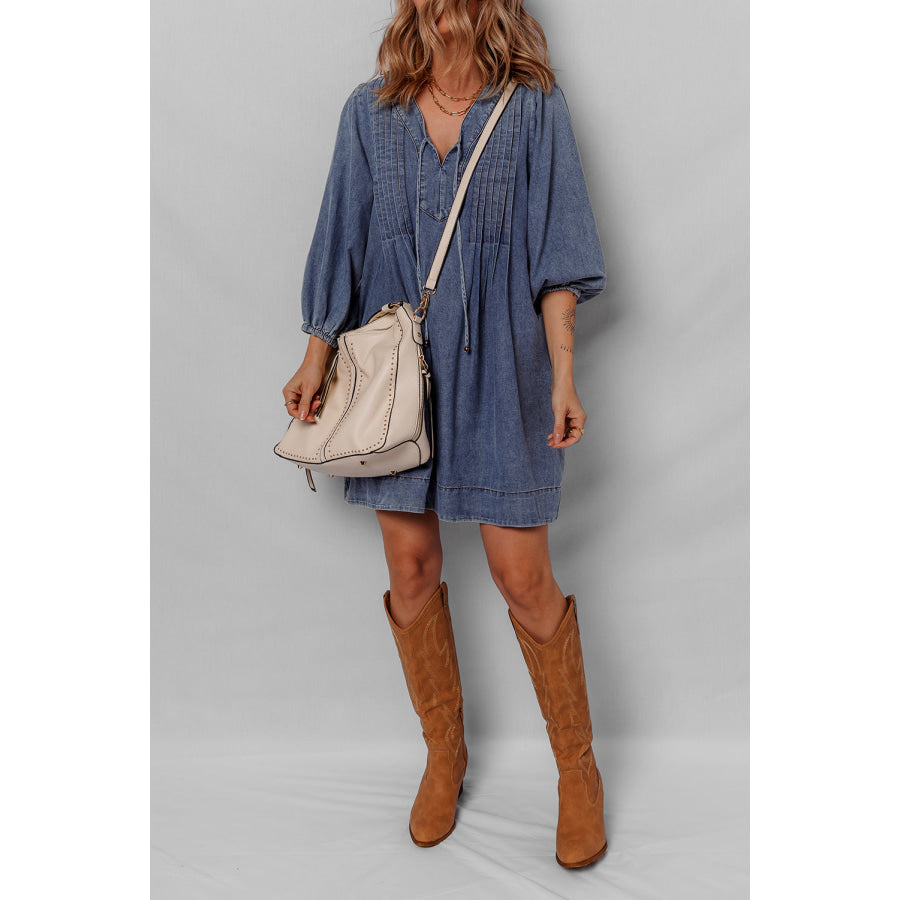 Sail Blue 3/4 Sleeve Tied V Neck Pleated Denim Mini Dress Dresses/Mini Dresses