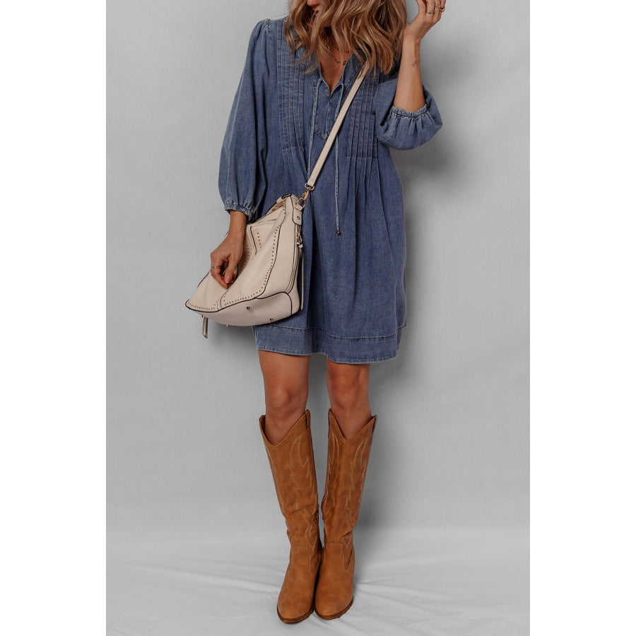 Sail Blue 3/4 Sleeve Tied V Neck Pleated Denim Mini Dress Dresses/Mini Dresses