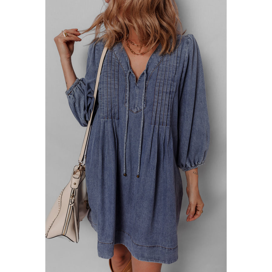 Sail Blue 3/4 Sleeve Tied V Neck Pleated Denim Mini Dress Dresses/Mini Dresses