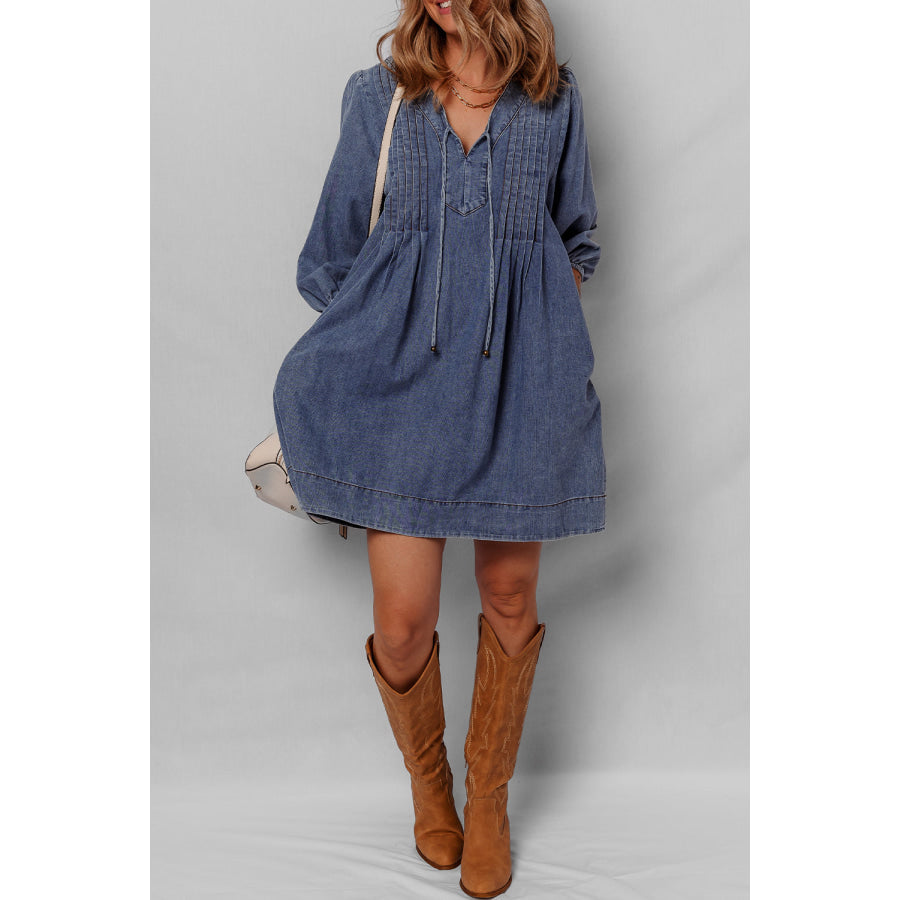 Sail Blue 3/4 Sleeve Tied V Neck Pleated Denim Mini Dress Dresses/Mini Dresses