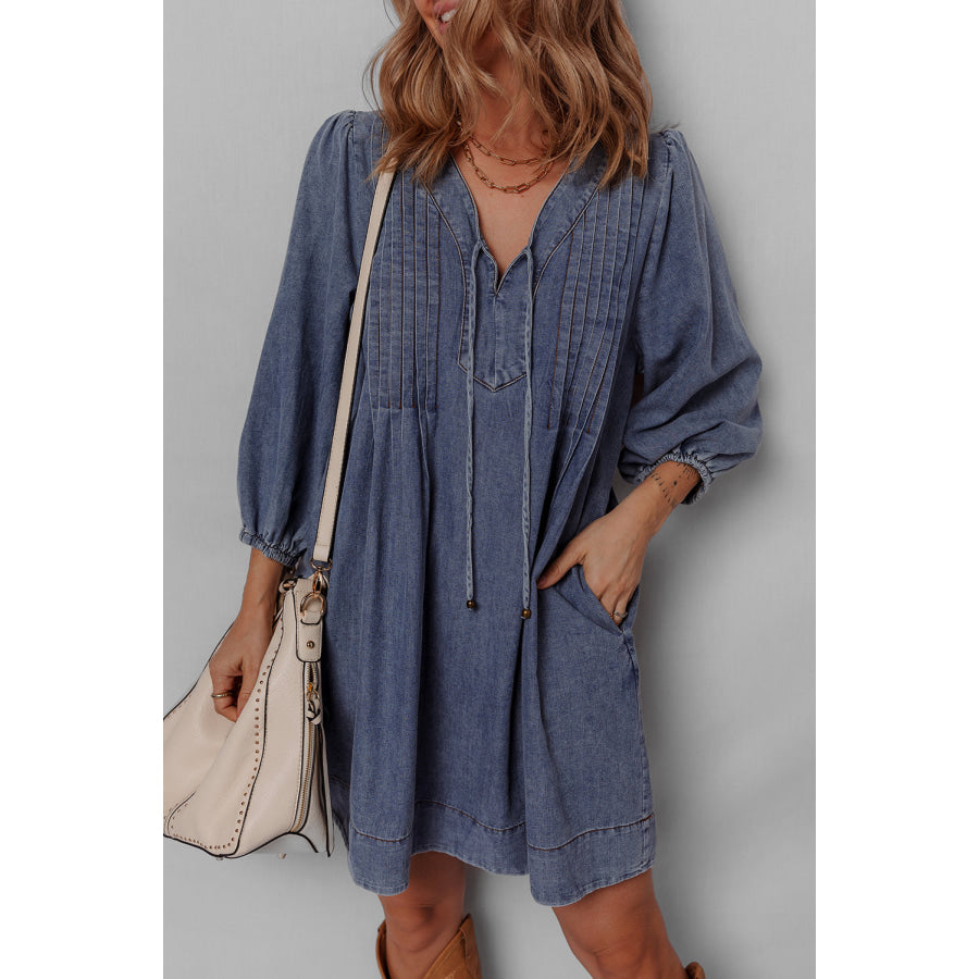 Sail Blue 3/4 Sleeve Tied V Neck Pleated Denim Mini Dress Sail Blue / S / 100% Cotton Dresses/Mini Dresses