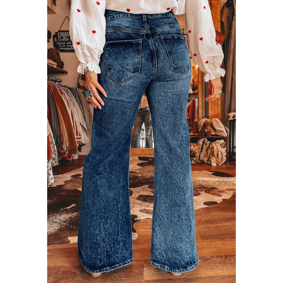 Sail Blue Acid Wash Pocket Detail Flare Jeans Bottoms/Jeans