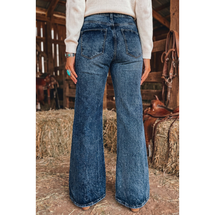 Sail Blue Acid Wash Pocket Detail Flare Jeans Bottoms/Jeans